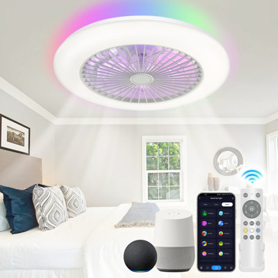 19" White Low Profile Caged Ceiling Fan with Remote Control and Dimmable RGB LED Lights