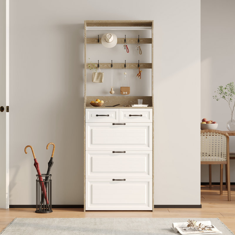NOUVEAU Armoire à chaussures avec 3 portes, 2 tiroirs avec support, porte en PVC avec forme, grand espace de rangement
