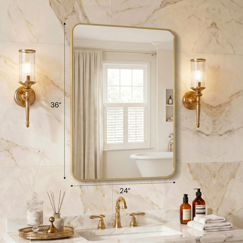 Modern Rectangle Wall Mounted Bathroom Vanity Mirror with Rounded Corners, 36" x 24", Gold
