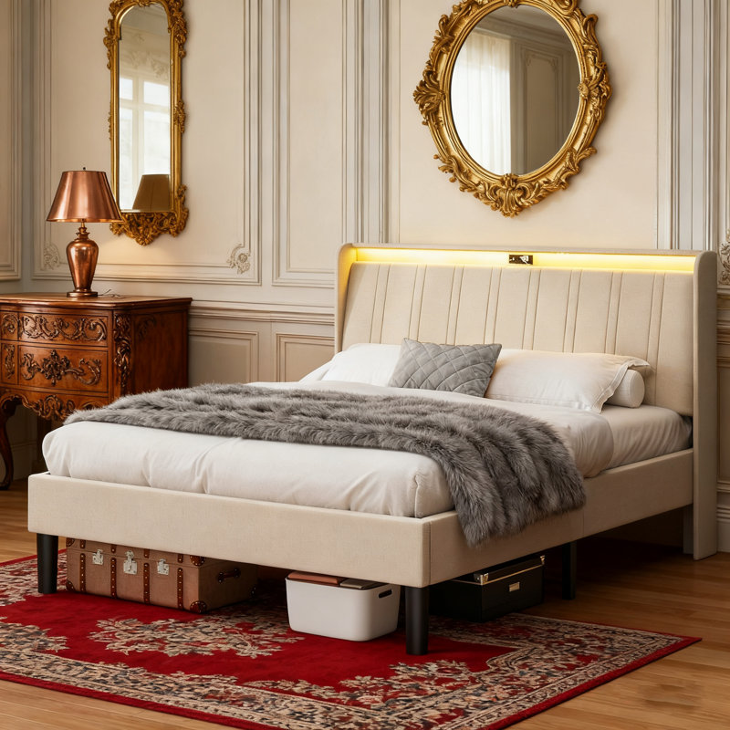 Queen Size Fabric Upholstered Platform Bed Frame - Wooden Slats Support With 2usb+2ac Outlets