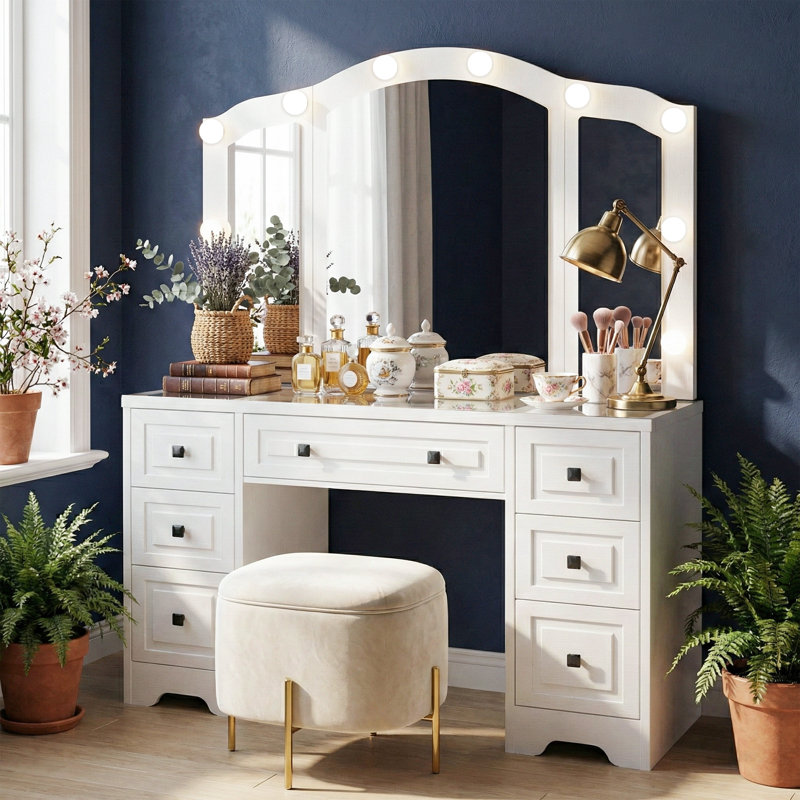 Large White Vanity Desk with Tri-Fold Lighted Mirror, Makeup Vanity Table with Built-in Power Outlets, Hair Dryer Rack, Glass Top & 5Drawers
