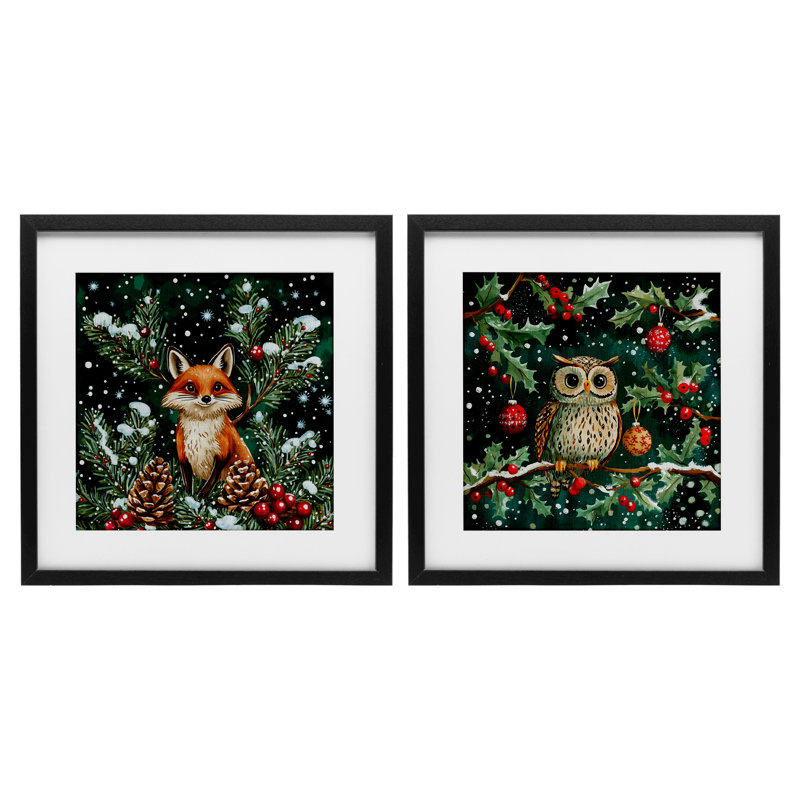 Winter Snowfall Fox & Owl, ensemble de 2 reproductions encadrées sous verre, par Yen, H 13 po x l 13 po, Cadre noir minuit