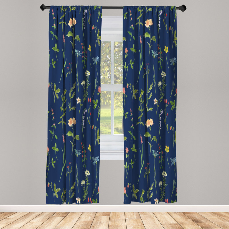 Microfiber Floral Semi-Sheer Rod Pocket Curtain Panels, 28" W x 63" L, Navy/Yellow