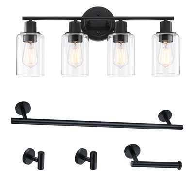 4-Light Black Vanity Light Fixture with Clear Glass Shade and Bath Set，a 16.04 Inch Rowel Bar, a Toilet Paper Holder, and Two Robe Hooks, 5 Pieces