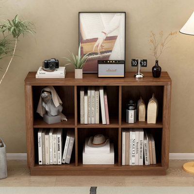 6 Cube Storage Bookcase, 40" Wide Low Horizontal Book Shelf with Curved Edge, Wood Floor Standing 2-Tier Bookshelf with Base, Farmhouse Short Book Cas