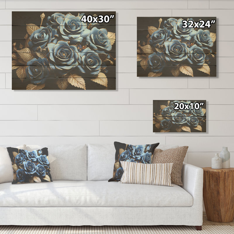 «Azure Blue Roses Arrangement Elegance I - Roses, art sur bois de pin naturel, H 10 po x l 20 po