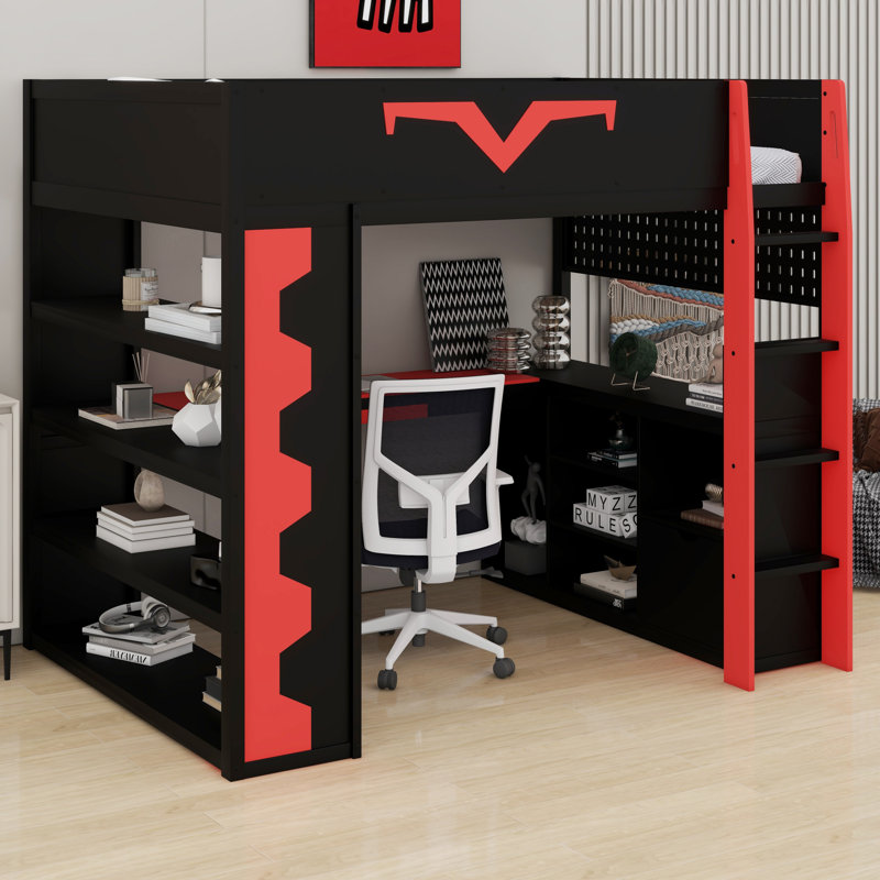 Gaming Loft Bed With Built-In Desk, RGB Lighting, Power Outlet And Storage Drawer, Red