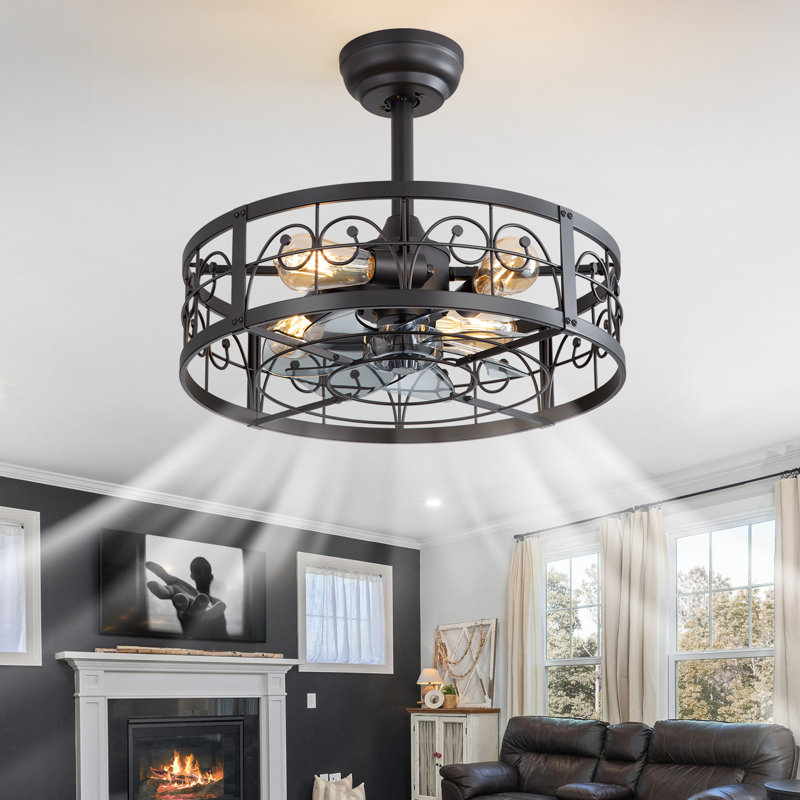  Mariellen 20" 7-Blade Indoor Enclosed Caged Black Ceiling Fan with the Remote Control