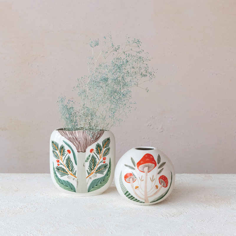 Round Stoneware Vase With Mushrooms