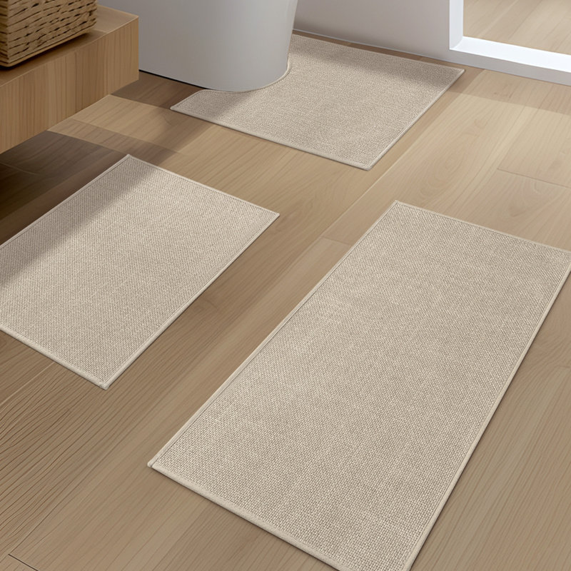 Ensemble de 3 tapis de bain d'aspect lin avec envers antidérapant, Beige