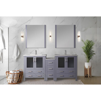 Dark Grey 72 In. W Double Bath Vanity, Side Cabinet Fitted, White Ceramic Countertop, Solid Wood Construction, Soft - Close Drawers, 2 Storage Cabinets, 7 Pre Drilled Vanity Top W, Color, With