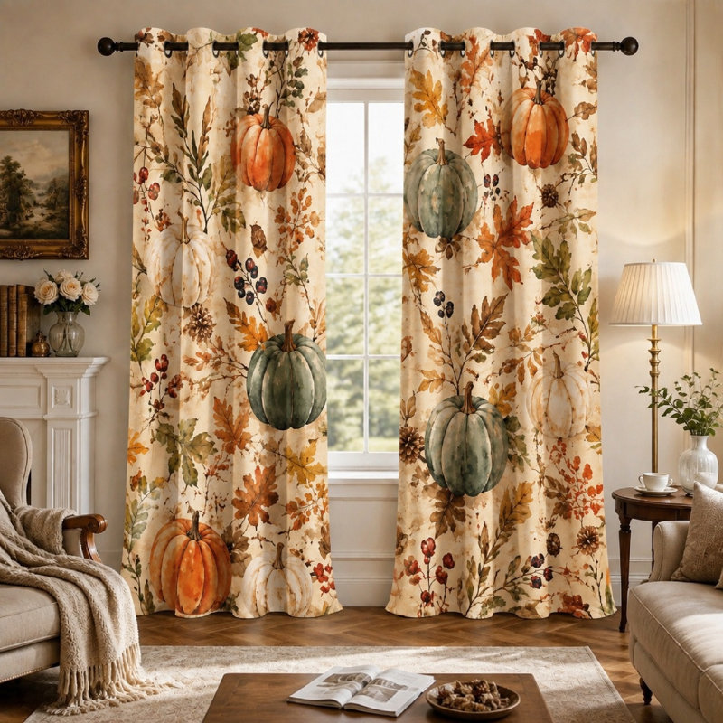 Lot de 2 rideaux occultants à œillets décoratifs, motif feuilles de citrouille et citrouille, style automne vintage, pour le salon et la chambre à coucher.