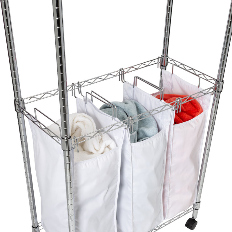 Chrome Steel Rolling Laundry Center with Triple Sorter and Hanging Rod