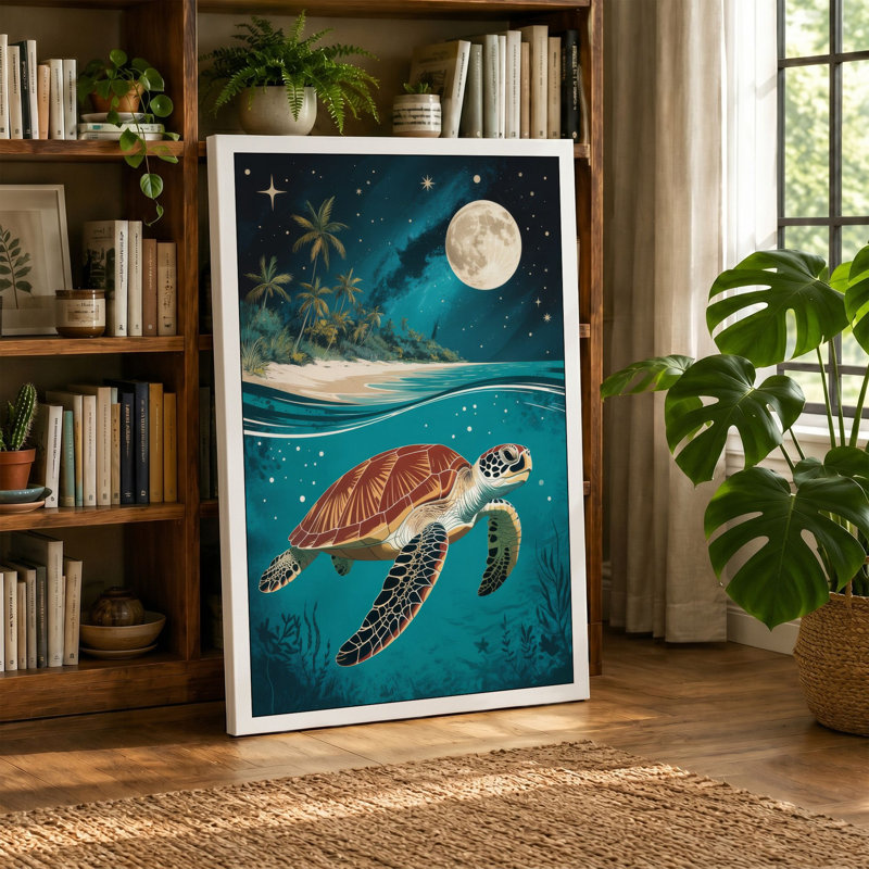 Turtle Under Moonlight Coastal - Wrapped Canvas, 24x16 - 61.0 x 40.6 cm, Black Border
