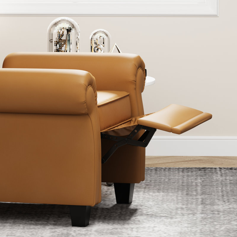 Fauteuil inclinable orange - Pieds en bois, cuir technique doux pour un fauteuil de salon relaxant réglable, pieds décoratifs
