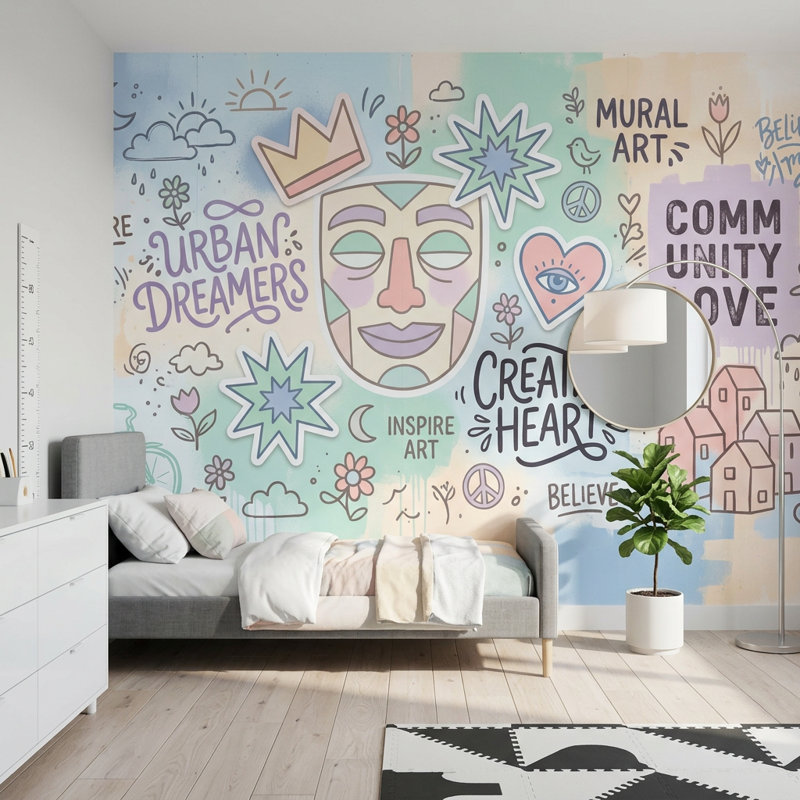 Papier peint typographique pastel Street Art, 120 po x 96 po, Non tissé