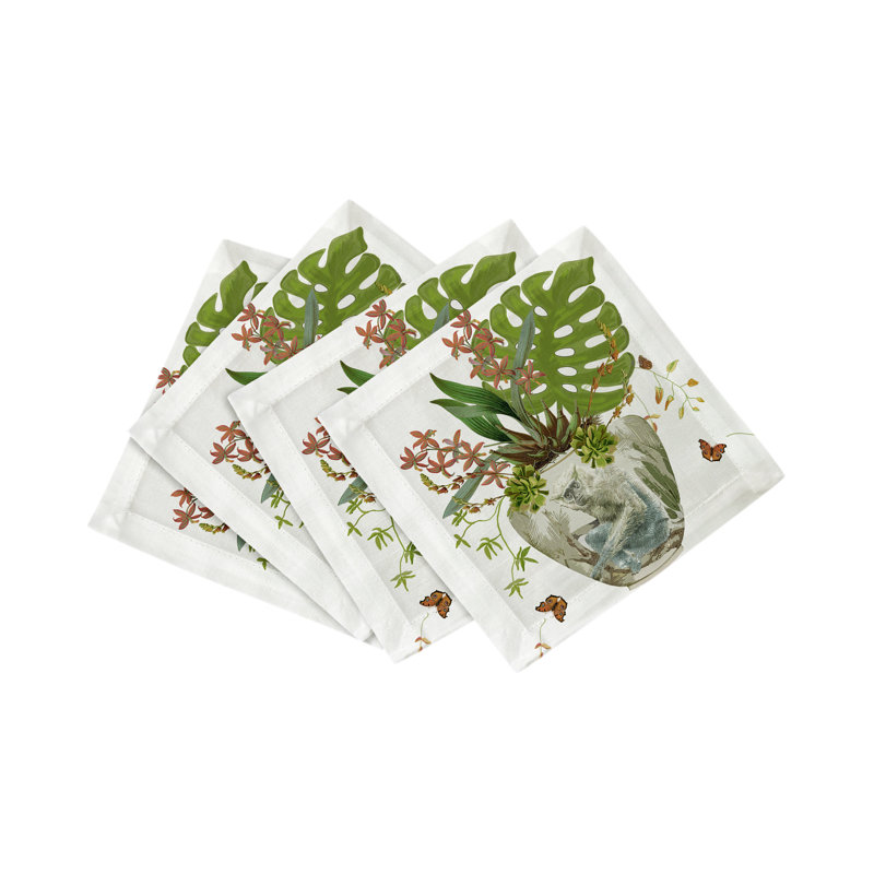 Monkey Large Jungle Cotton Sateen Cocktail Napkins, White