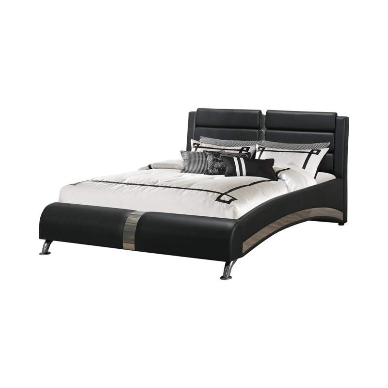 Black Vegan Leather Queen Sleigh Bed with Upholstered Headboard