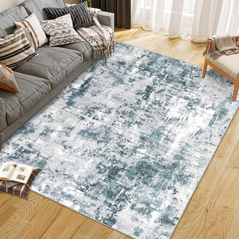 Abstract Shaggy Area Rug – Washable Carpet, Non-Slip TPR Backing, Soft Floor Mat for Living Room, Hallway, Bedroom, Blue