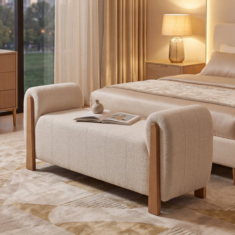 Upholstered Bench With Solid Wood Legs, Living Room Bench, Beige
