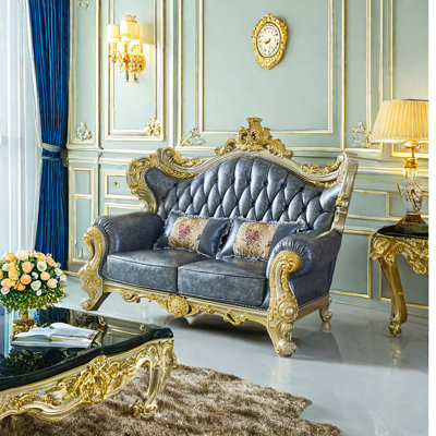 Luxury European-style leather with carved sofa Upholstered 76.7 " Loveseat