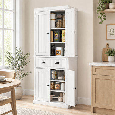Armoire de cuisine autoportante avec tablettes ajustables, blanche