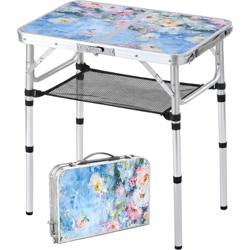 Table d'appoint d'extérieur, 3 tables pliantes réglables d'extérieur portatives, tables d'appoint pliables en aluminium pour l'extérieur, table basse avec support pour plante pour le jardin, balcon (Provence Dreams)