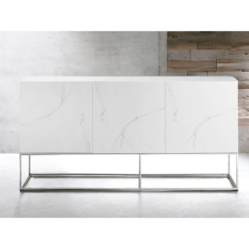 Buffet Iefan en porcelaine marbrée blanche avec rangement.
