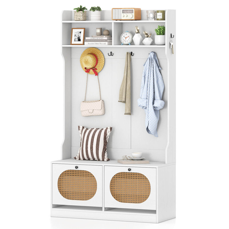 4-In-1 Hall Tree Entryway Bench with Coat Rack & Flip Drawers 6 Dual-Hook Hangers White, Natural