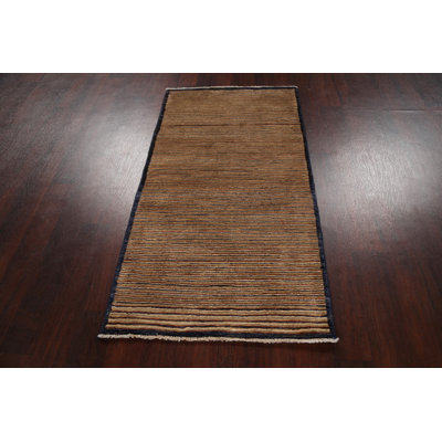 Tapis brun en laine noué à la main de conception unique 2 pi 9 po x 5 pi 1 po New Age