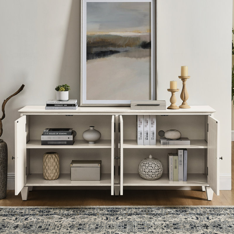 Buffet 65,2 po Mid-Century avec rangement, conception géométrique symétrique, grain de bois élégant, tablette réglable pour objets décoratifs, armoire blanc antique, style moderne, construction, rangement spacieux