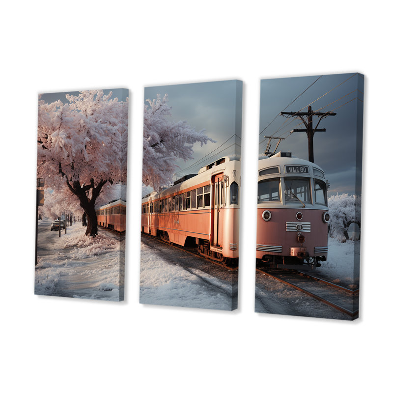 Orange Train Charm In Winter - Train Wall Art Set, 40" H x 60" W