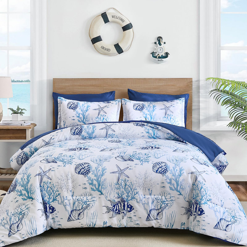 7-Piece Coastal Beach Comforter Set, Ocean Nautical All-Season Bedding, Queen Comforter + 7 Additional Pieces Included