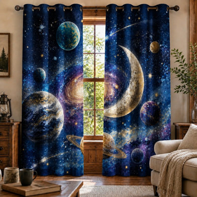 2 pièces de rideaux de la planète galaxie, art abstrait de l'espace, anneau cosmique bleu foncé imprimé pour la décoration de la chambre à coucher du salon