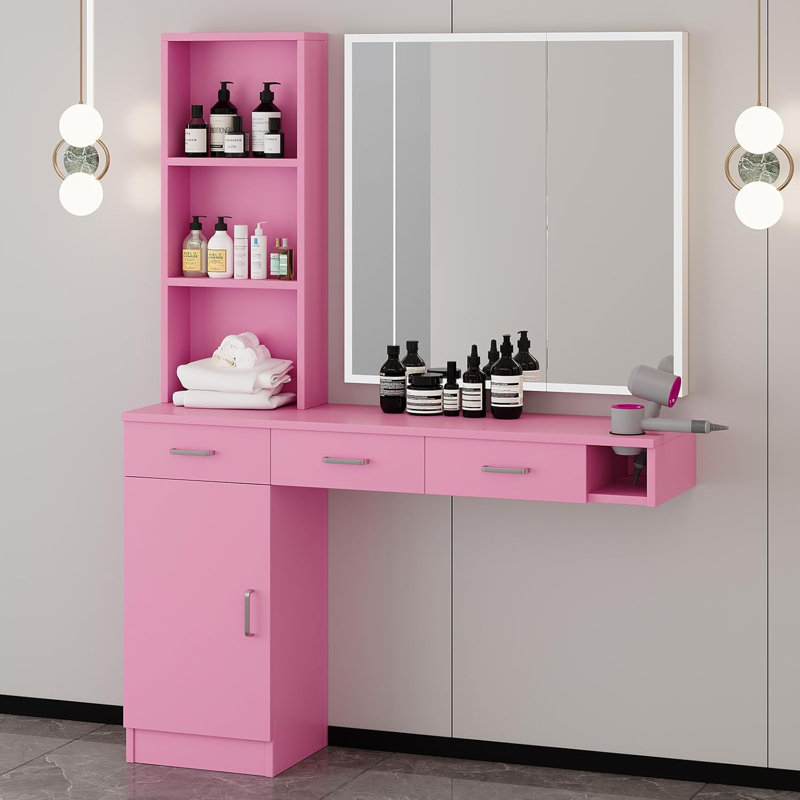 Station murale Thame Salon avec coiffeuse, support pour séchoir à cheveux, Rose
