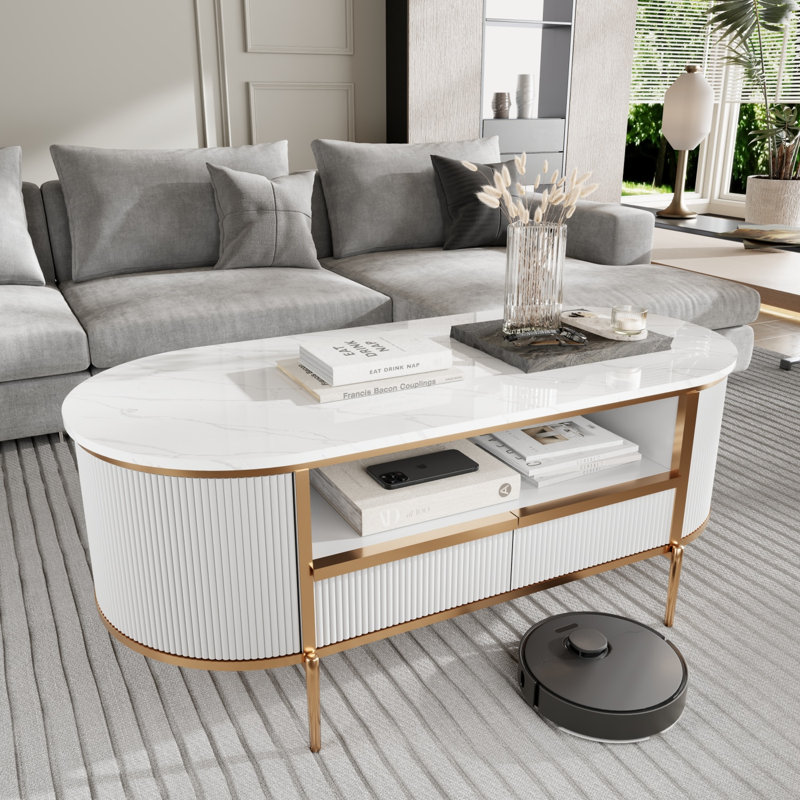 48" Luxury Faux Marble Coffee Table With Curved Fluted Design, White/White