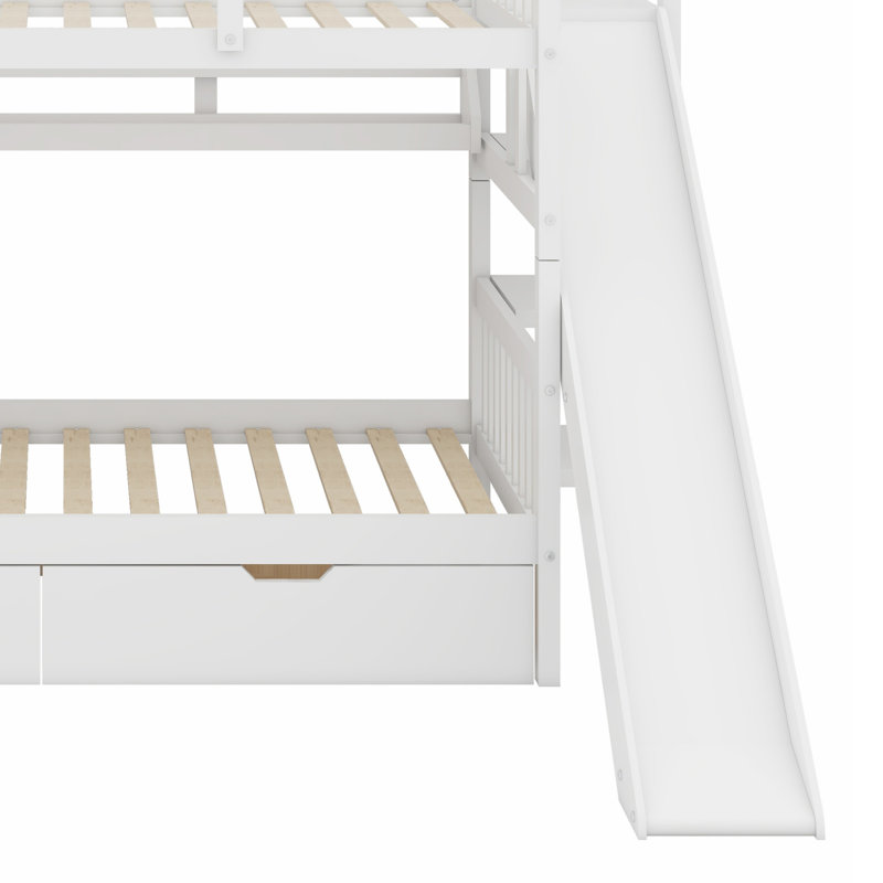 Lit superposé de style château avec 2 tiroirs, 3 tablettes et glissade, Blanc