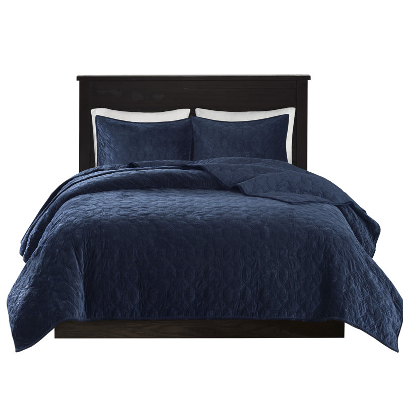 3 pièces de courtepointe en velours bleu marine - très chaleureuse et taies décoratives assorties à motif géométrique pour une chambre à coucher moderne