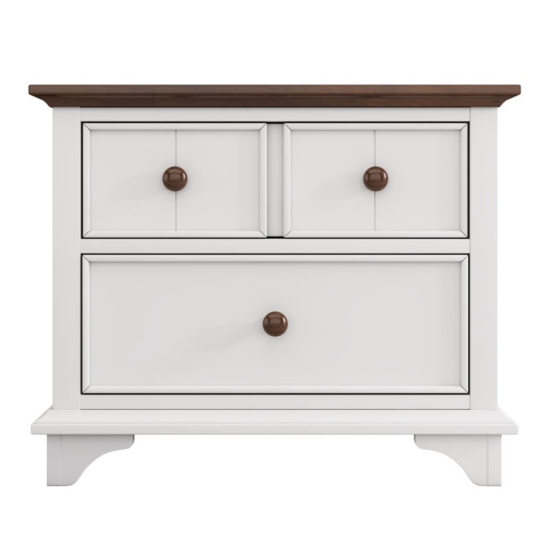 Table de bout en bois avec table de bout à deux tiroirs Captain pour chambre à coucher, salon, blanc et noyer