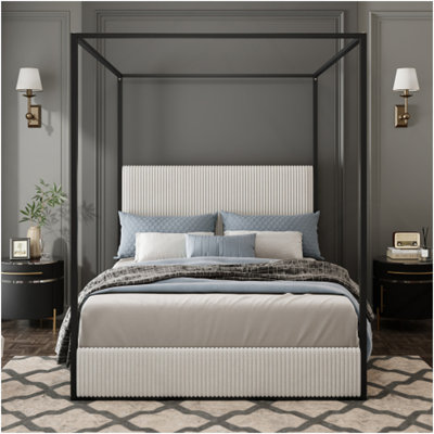 Modern Metal Canopy Bed with Tall Corduroy Upholstered Headboard and Four Poster