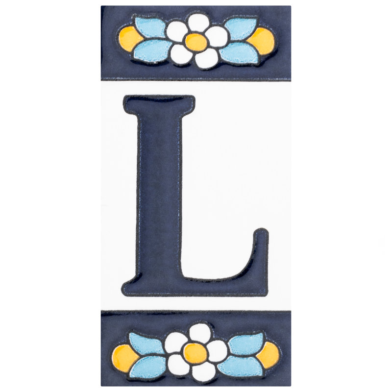 Sevillano 2.13" x 4.38" Ceramic Floral Address Letter Wall Tile in White/Blue