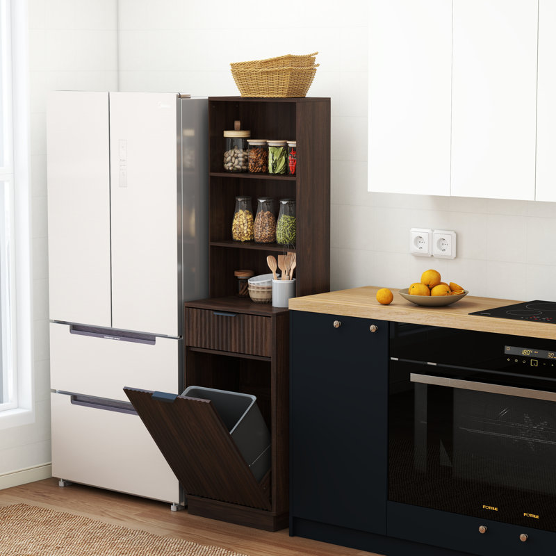 Tall Narrow Fluted Storage Cabinet with Hidden Trash Bin Compartment , Walnut Freestanding Cabinet, Fixed Open Shelves & Drawer, Anti‑Tip for Kitchen Home‑Office Living Room (Trash Can NOT Included)