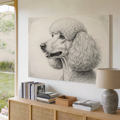 Elegant Poodle Dog Black And White Pencil Sketch Decor Canvas Wall Art Print For Living Room, Bedroom, Office, Hallway, Entryway, Gallery Wall And Modern Home Decor