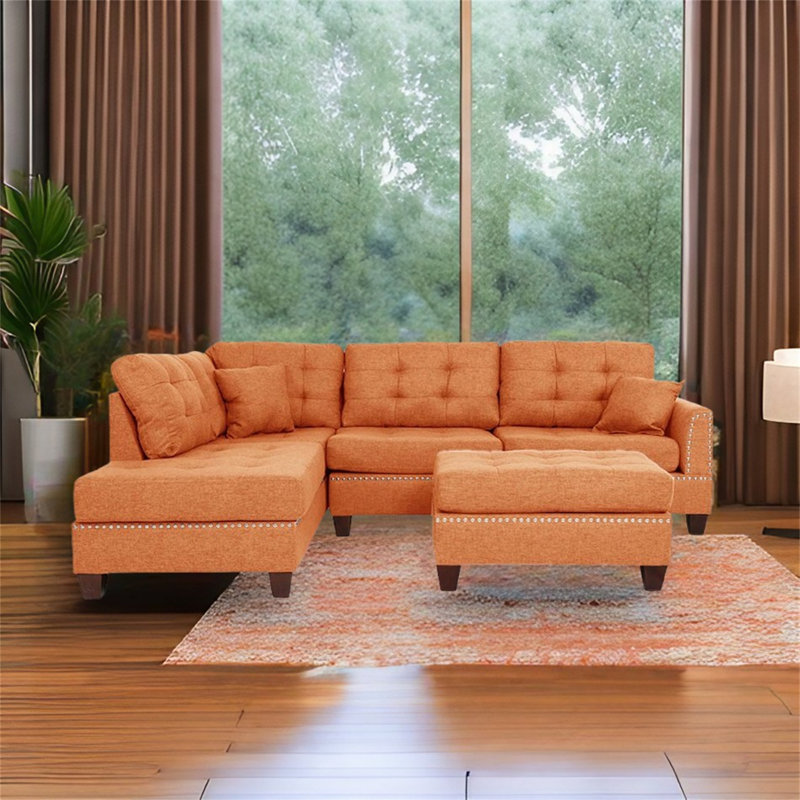 Tramisha Upholstered L-Shaped Sectional Reversible, Orange Linen Blend