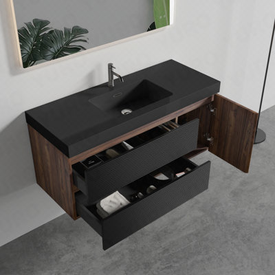 Meuble-lavabo 48 po en noyer avec lavabo en quartz noir mat et tiroirs noirs et une porte, meuble-lavabo mural flottant pour salle de bain moderne, lavabo noir mat, pré-assemblé
