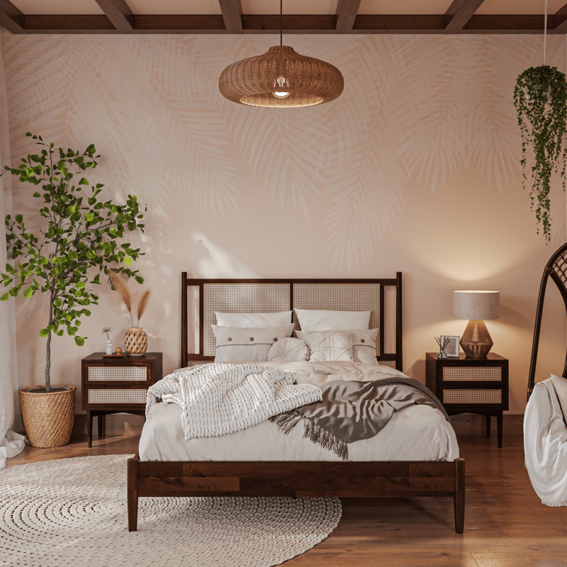 Oliver Solid Wood Platform Bed with Rattan Headboard, Queen, Walnut
