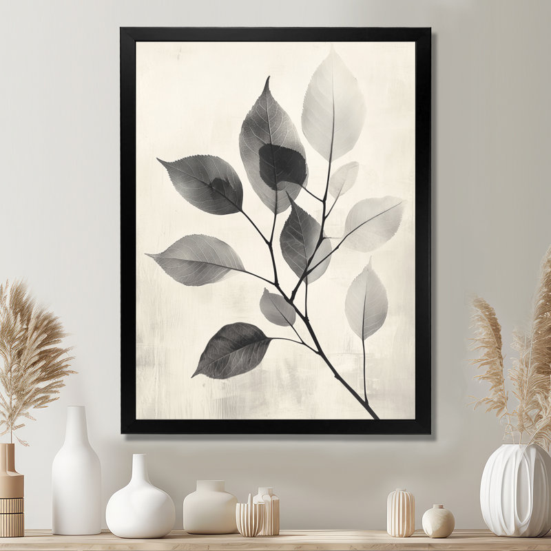 Galet gris feuilles veines de la nature III - décoration murale florale, 20" H x 12" W, Avec cadre, Black