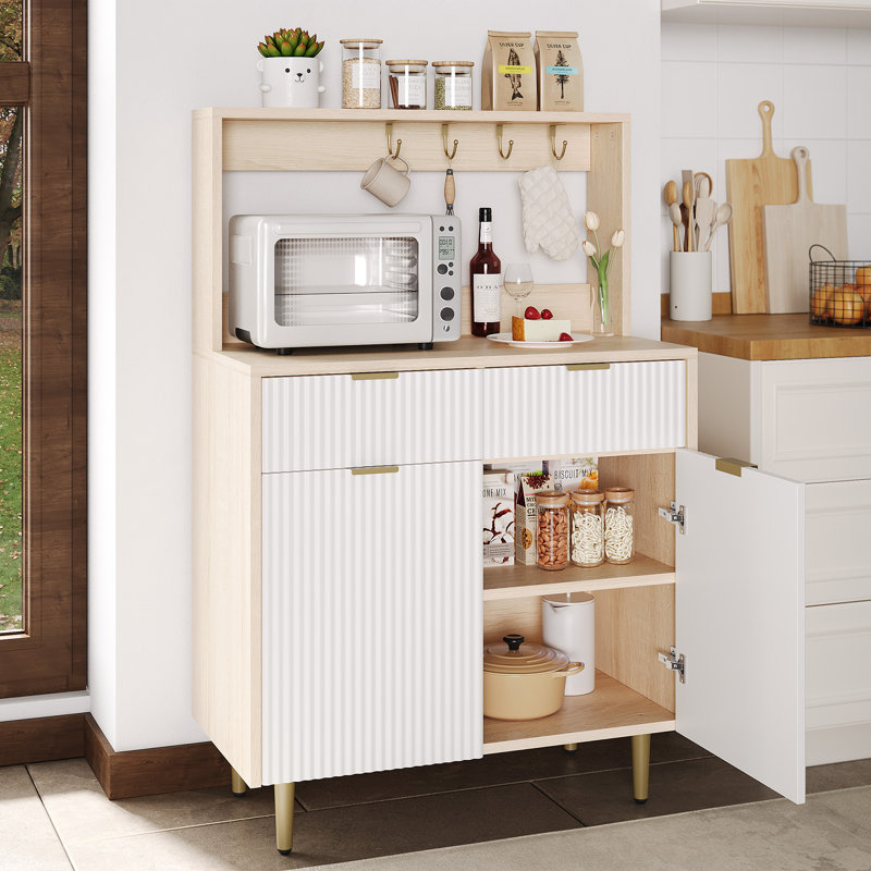 Fluted Sideboard Buffet Cabinet with Storage, Modern Coffee Bar Cabinet with Adjustable Shelves & 2 Drawers, Wood Buffet Console Table for Kitchen Dining Living Room Entryway Hallway, Natural