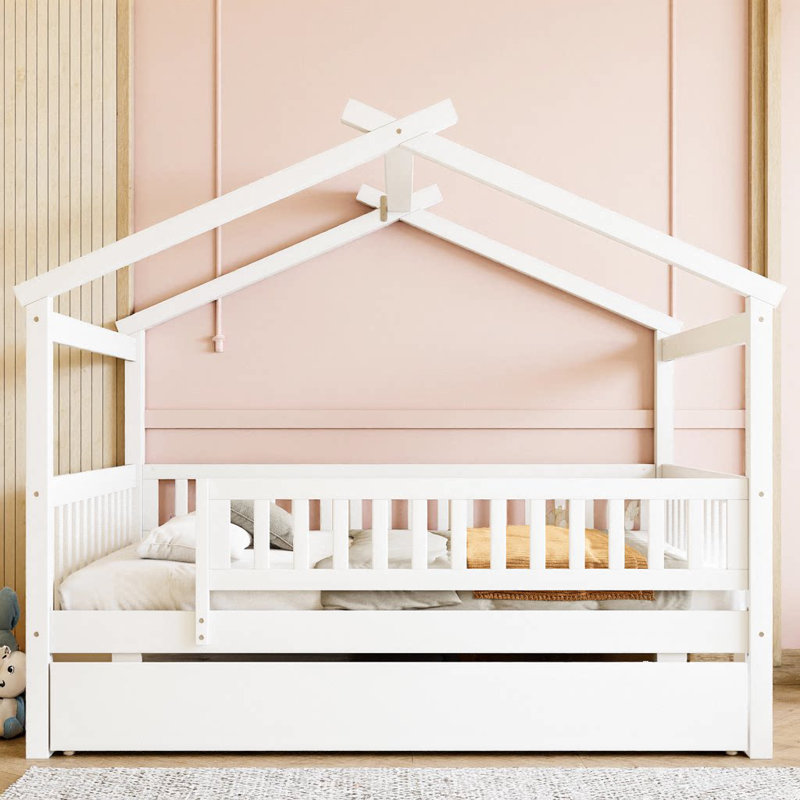 Créez la magie de l'enfance: lit en bois naturel avec lit gigogne simple Secret, Blanc, Lit double