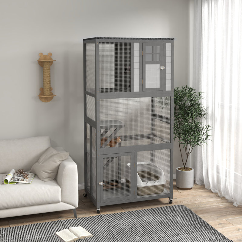 Maisonnette d'extérieur à roulettes en bois pour chat avec cage de chaton Pawhut